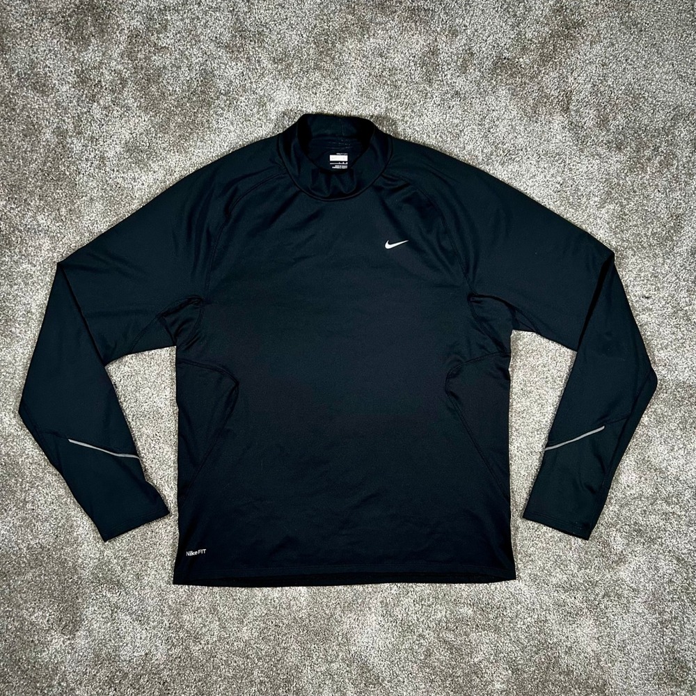 Nike FIT DRY Mens Large Black Mock Neck Long Sleeve Running Training Shirt L